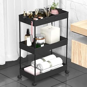 SPACEKEEPER Storage Trolley 3-Tier Rolling Utility Cart Slide Out Shelving Organization Shelf for Laundry Bathroom Kitchen with Small Containers & Hooks Black
