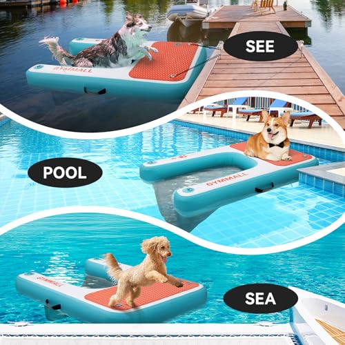 GYMMALL Aufblasbare Hundeplattform Blau 82x120cm, Rampe Hund für Boote, Hunde Pool, Seen und Meer, rutschfeste Sicherheitsplattform bis 90kg, Eva-Hunderampe mit Schwimmleiter