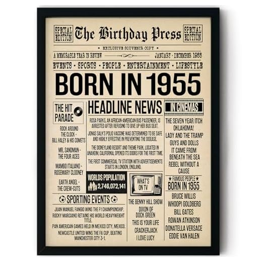 Stuff4 Póster enmarcado para cumpleaños número 69, periódico nacido en 1955, regalos de feliz cumpleaños número 69 para hombres y mujeres, vintage, retro, en 1955, 8 x 10 pulgadas, sesenta y nueve