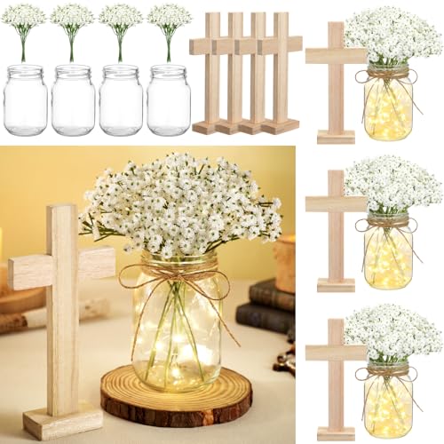 Wavwavw 37 Pcs/4 Sets Baptism Centerpieces for Table Cross Mason Jar Centerpieces with Wooden Cross Crafts Light Strings for Baptism First Communion Church Wedding Favors(Babys Breath)