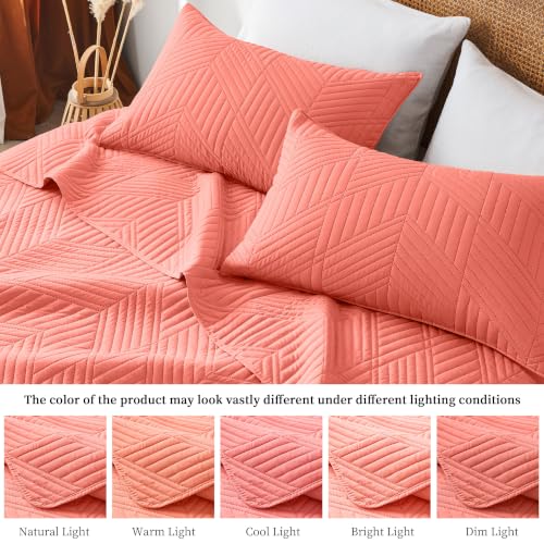 Davulos Full/Queen Quilt Set in Coral,Soft Reversible Microfiber Bedspread for All-Season Use,Lightweight Coverlet with Modern Geometric Pattern (1 Quilt, 2 Pillow Shams) by Davulos - Used condition - Image 6