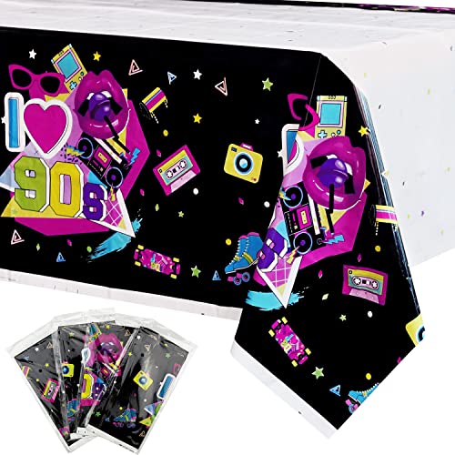 Lilwemen 4 manteles de plástico de los 90 para decoración de Fiestas, manteles de Fiesta temáticos de los 90, manteles de Vuelta a los 90 para Eventos de cumpleaños de los 90