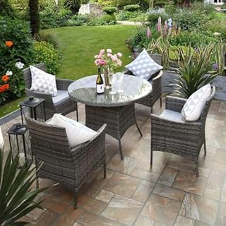 RayGar 5pcs Rattan Dining Set Garden Patio Furniture - 4 Chairs & Round Table - Grey