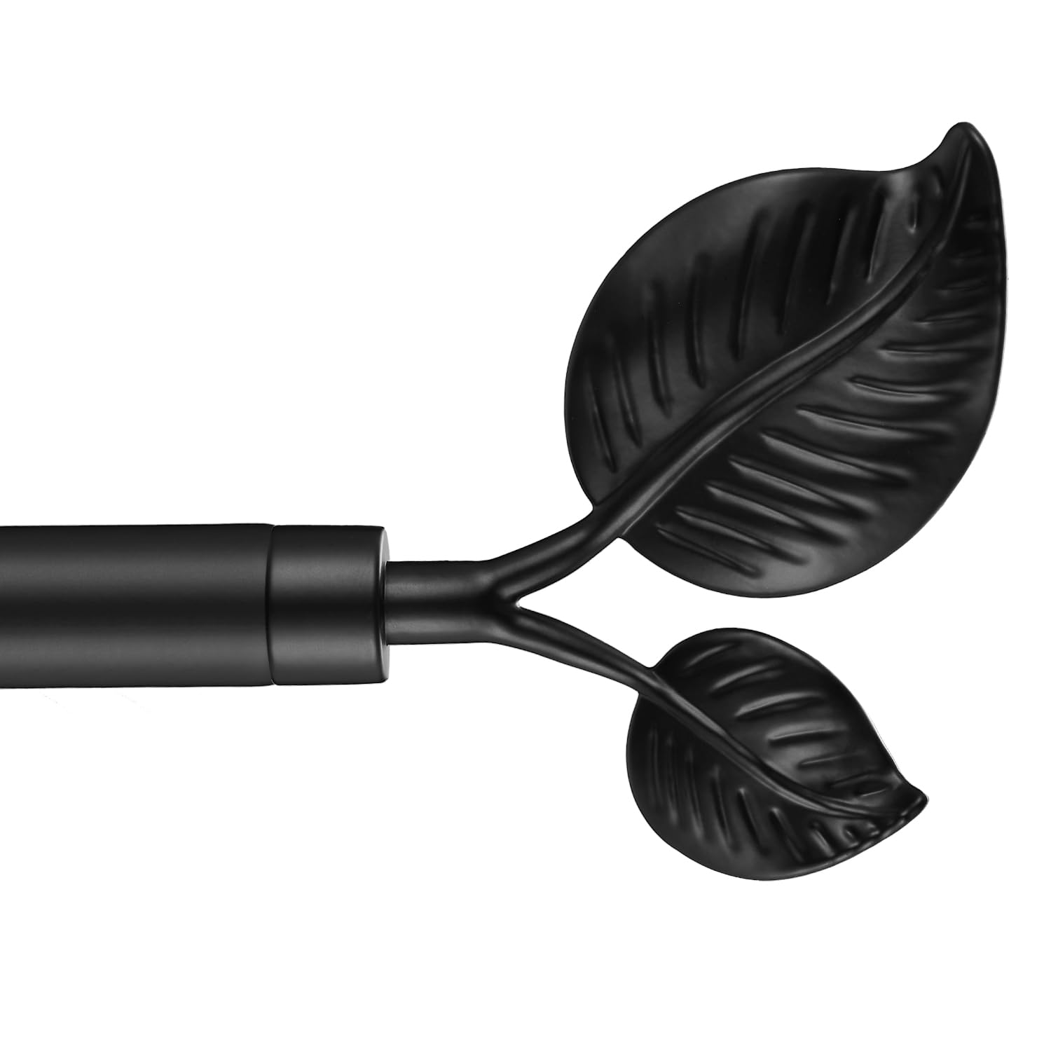 decorative curtain rod with leaf finials, 1inch diameter 48-84 inch adjustable length single drapery window rods telescoping structure, matte black