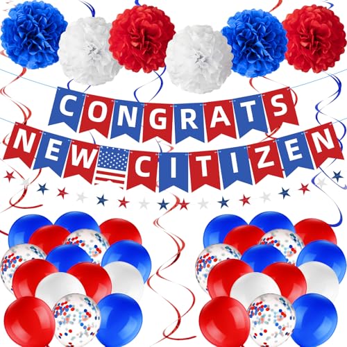RoundFunny New US Citizenship Decorations Citizenship Congratulations Banner American Flag Blue White and Red New Citizen Party Supplies Kit for Men Women with Pom Poms Balloons Star Streamer