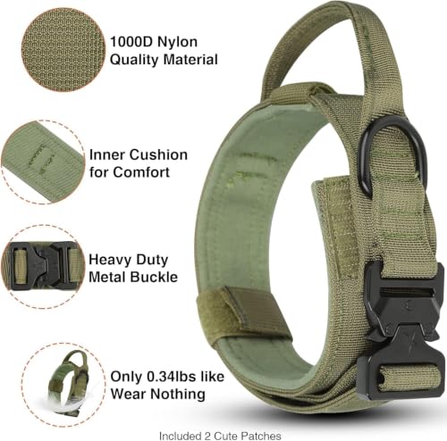 Image of Tactical Dog Collar and Leash Set, Adjustable Military Dog Collar with Control Handle and Heavy Metal Buckle, Dog Training Collar with Bungee Leash. (Army Green, Medium - Collar)