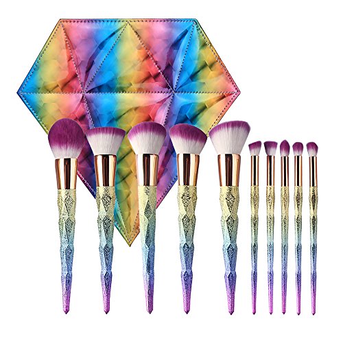 Tube Cosmetics Premium 10Pcs Makeup Brushes Colourful Unicorn Diamond Design Make-up Brush Set With Rainbow Leather Bag