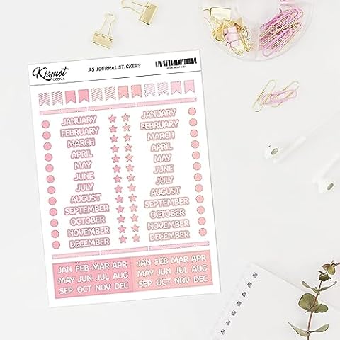 A5 Months of The Year in Capital Stickers in Pink - 5.3" x 8.3" - Craft Journal Snail Mail Planner Journal Diary Paper Sticker Sheet Cover
