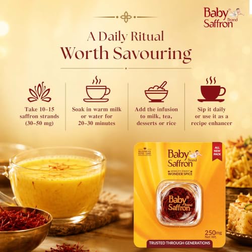 Image of Baby Brand Saffron 1 Gm Original Mongra Kesar /Keshar | Grade 1 ISO 3632 Tested | Rich Colour & Aroma | For Pooja Tilak, Pregnant Women, Kids, Food, Period Pain, Good Skin & Health | 250mg Each x Pack Of 4