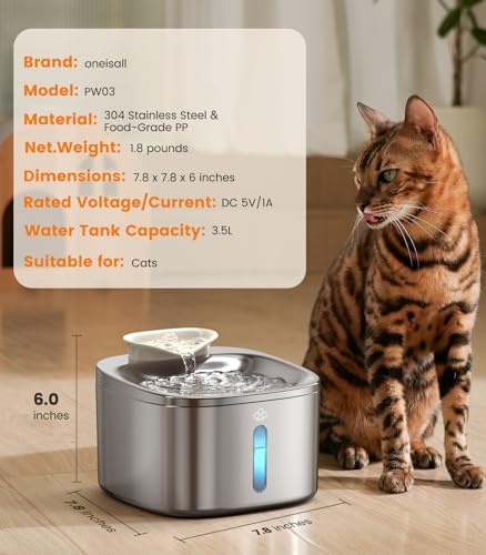 Image of oneisall Cat Water Fountain, 3.5L /118oz Battery Operated Pet Fountain Stainless Steel, Automatic Water Fountains for Cats Indoor, Rechargeable (Hale 3.5L Black Color)