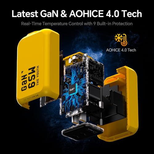 Image of AOHI Youth 65W GaN+ USB C Charger Block, 3-Port PPS Type C Compact Foldable Laptop Fast Wall Charger for MacBook Pro /Air, iPad Pro, iPhone 17 /16 Pro Max, Galaxy S24, Pixel, Steam Deck and More, Yellow