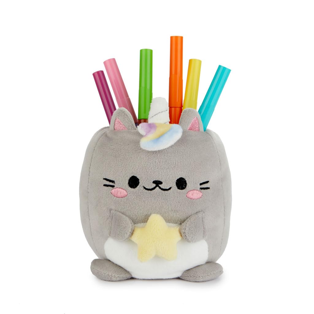 Pot à crayons peluche chat licorne gris, le cadeau idéal pour la rentrée