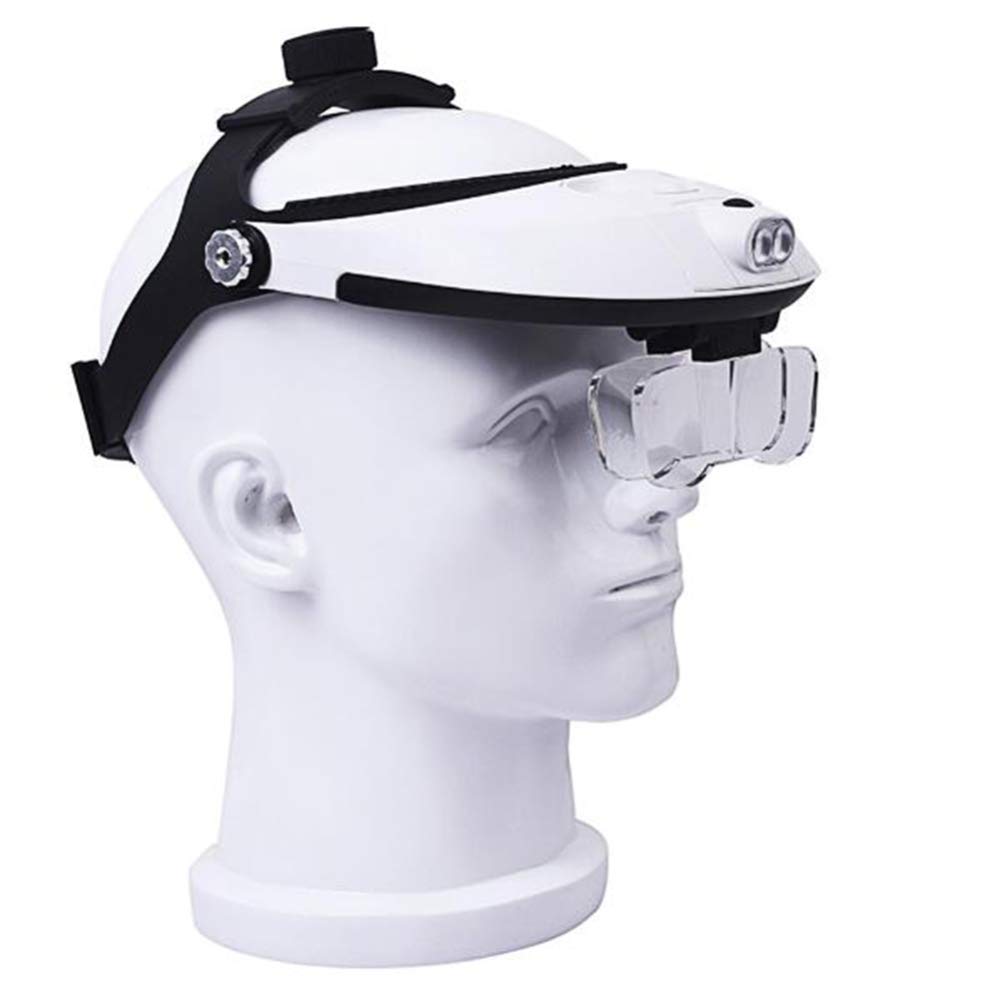 Frontlupe mit 2 LED-Lichtern, Lesebrille zur Befestigung am Kopf, Lupe für Juwelier/Uhrmacher, 5 austauschbare Linsen.