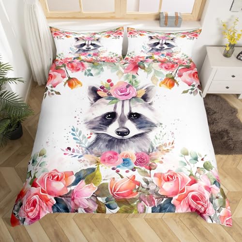 Raccoon Bedding Set Full for Boys Girls Cute Cartoon Animal Duvet Cover Kids Teens Lovely Raccoon Print Comforter Cover Pink Rose Flower Decor Bedding Spring Theme Bedspread 3 Pcs with 2 Pil