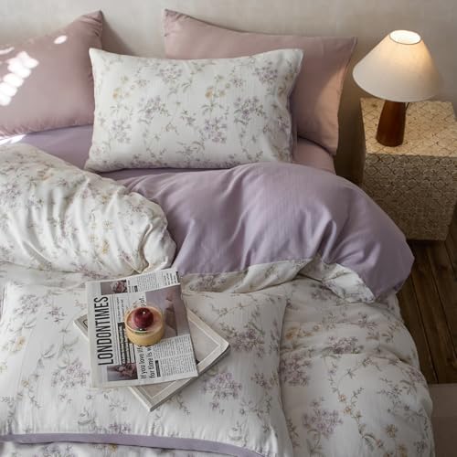 VM VOUGEMARKET Purple Floral Duvet Cover Set Queen Size,Soft Lyocell & Cotton Bedding Set,Breathable & Cool Comforter Cover for Hot Sleeper(3pcs,90x90 Inch)