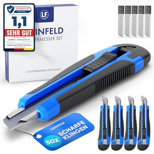 LAINFELD Cuttermesser Set | 5 Teppichmesser + 50 Klingen | 18mm Klingen | Profi Cutter Messer...