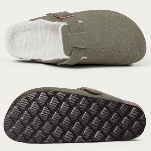 Image of KIDMI Women's Fur Lined Genuine Suede Clogs Fuzzy Cork Footbed Potato Shoes | Adjustable Metal Buckle, Non-slip Rubber Soles, Cushioning, Cozy and Warm, Supportive, Indoor, Outdoor, Winter, Casual