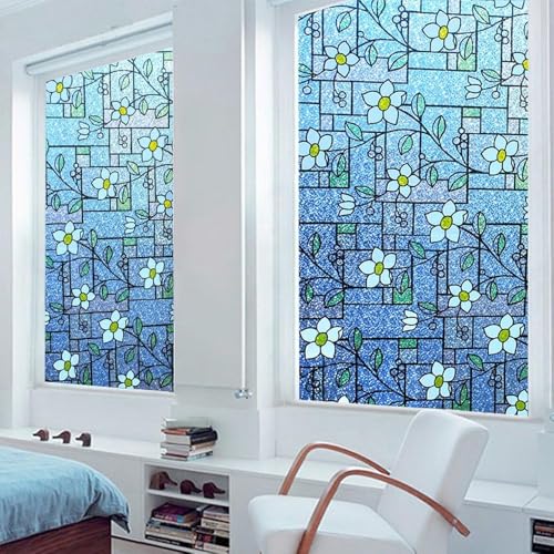 Image of WOO Home Frosted Glass Window Film & Stickers (12 X 96 INCH) Privacy Window Cover for Home & Office - Easy Apply, UV Protection, Removable Decorative Film (Blue Patti Flower Film | 1 X 8 SQFT)