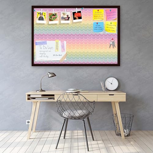 Image of ArtzFolio Wavey | Bulletin Board Notice Pin Board | Vision Soft Board Combo with Thumb Push Pins & Sticky Notes | Dark Brown Frame | 24 x 16 inch (61 x 41 cms)