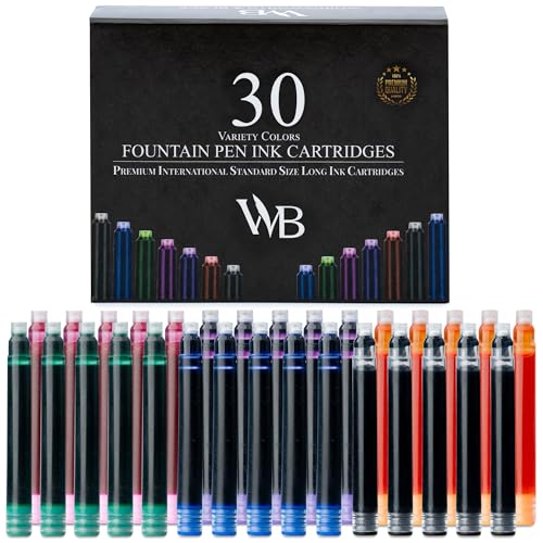Wordsworth & Black 30 Pack Fountain Pen Ink Refills - Set of 30 Assorted Ink Cartridges - International Standard Long Size - Length APPR 2.3' - Base Diameter APPR 0.24' - Disposable and Generic