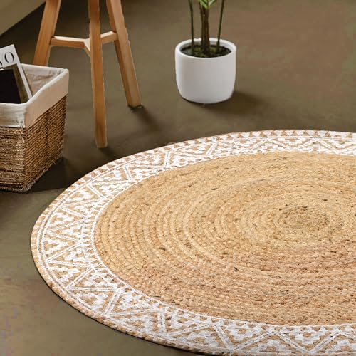 Image of voyzz home Premium Natural Jute Braided Area Rug, 6-feet Round, White Printed Border, Stain Resistance, Natural Handmade Rug for Entryways, Living Room, Dining Room, Bedroom, Farmhouse, Kitchen