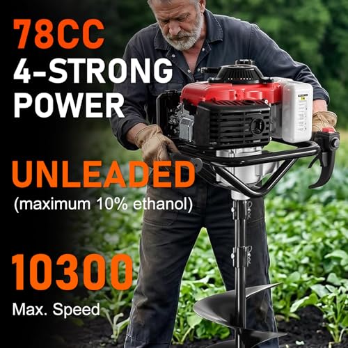Image of 78CC Gas Powered Post Hole Digger, 4 Stroke Auger with 6&8 Inch Bits | 4-stroke engine, no gas-oil mix! 78CC powerful motor, quieter than 2-stroke. Includes 6 inch&8 inch auger bits + extension rod