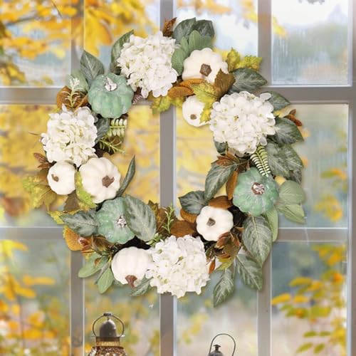 Corona de otoño artificial con calabazas y hojas de arce para decoración exterior de porche 4