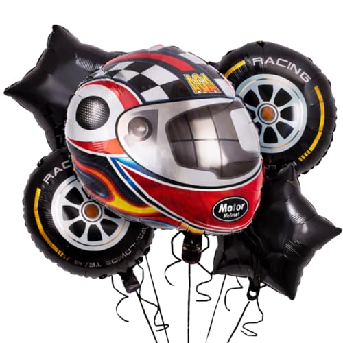 Image of Wanna Party Motor Racing Theme Balloon Set (Pack of 5) with Racing Helmet & Wheel Design Foil Balloons, Car Racing Birthday Decoration Kit for Boys Kids Party Supplies