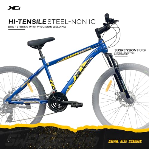 Image of XCi Swagger Pro Mountain Bike | 26-Inch Tyres | Tuf Shox Suspension | 21-Speed Shimano Gears | Mechanical Disc Brakes | Youth 12+ Years |17-Inch Ultra Light Steel Frame | Blue Yellow