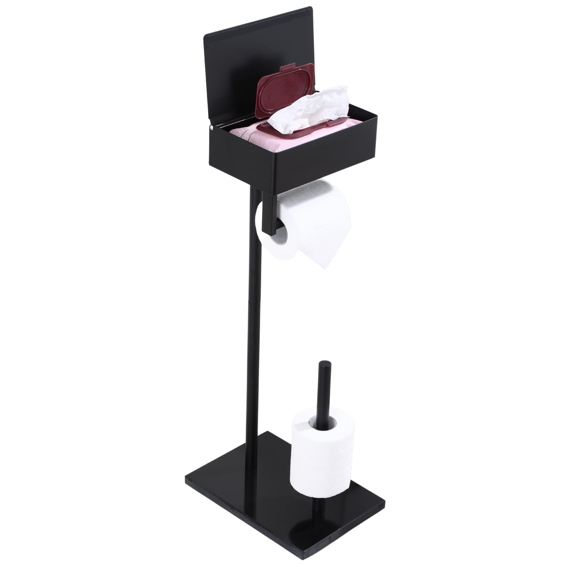 Day Moon Designs Free Standing Toilet Paper Holder Stand with Shelf, Toilet Tissue & Flushable Wipes Dispenser & Storage for Bathroom, Stainless Steel with Marble Base (Black)