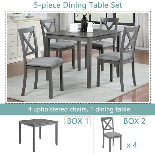 Image of Harper & Bright Designs Modern 5-Piece Wooden Dining Table Set for 4, Grey Square Kitchen Table & 4 Upholstered Seating Chairs, Acacia /Birch Veneer, Space-Saving Design for Dining Room & Small Spaces