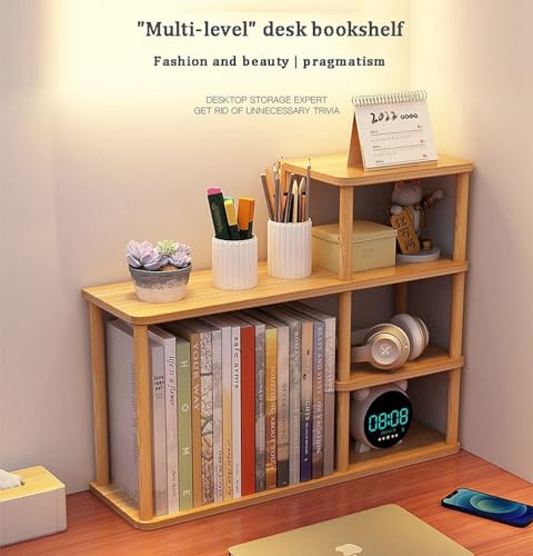 Dreamhousey Desktop-mehrschichtiges Bücherregal-Speicherregal, große Kapazität Massivholz-Speicherwand auf dem Schreibtisch, Student einfach organisierendes Rack, Büro-Speicherregal (Holzfarbe)