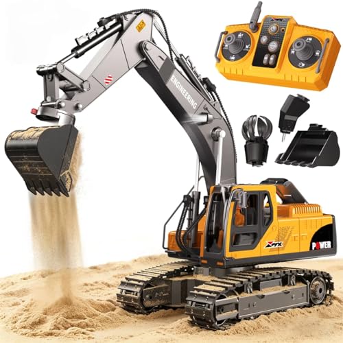CozyBomB Construction Digger toys with 3 Interchangeable Heads & Light Effects 1:18 RC remote control car Excavator Toys for Boys 3 4 5 6 7 8 9 10 11 12 Year Old Kids Birthday Gift