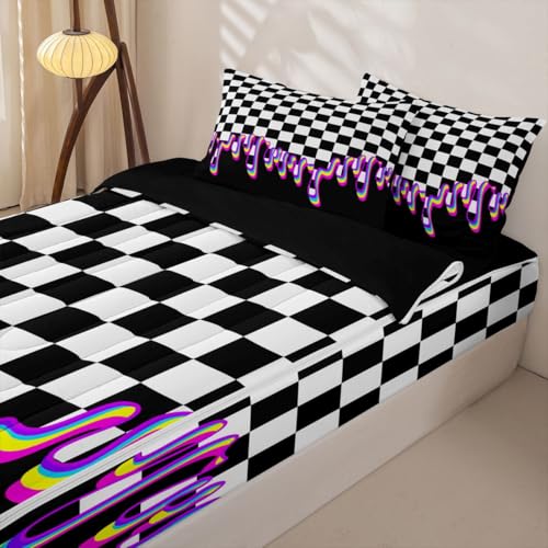 Image of Black Purple Checkered Zipper Bedding Queen Checkerboard Drip Zip Up Bedding Set,Y2K Aesthetic Modern Geometric Bed in a Bag Comforter with Fitted Sheet and 2 Pillowcases Retro 2000S Room Decor