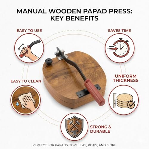 Image of Wooden Roti Press Machine | Papad, Thepla & Puri Maker | Heavy Duty Manual Chapati Press with Strong Handle | Dough Flattening Kitchen Tool-1-Pack