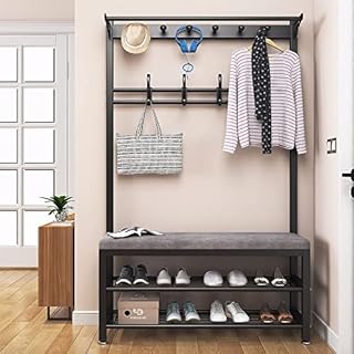 WPPTNSFY Hallway Shoe Rack and Bench with Hooks, Entry Bench with Coat Rack, Metal Frame, Intimate Foot Pad Design Non-Slip and Scratch-Resistant, for The Living Room Hall, L:80/100CM, Dark Grey