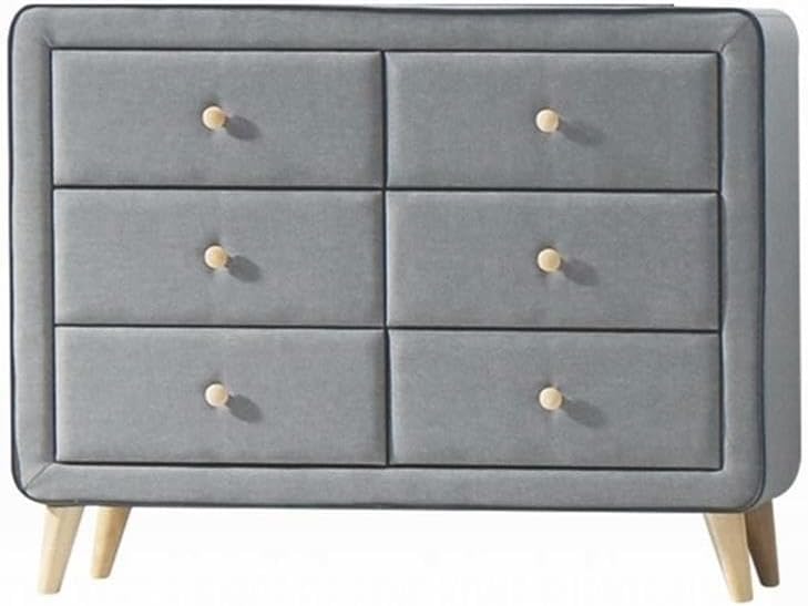 BOWERY HILL 6 Drawer Horizontal Dresser, Wood and Light Gray Fabric, 43" W x 16" D x 34" H, Contemporary Design with Metal Glide, Bedroom Storage Furniture