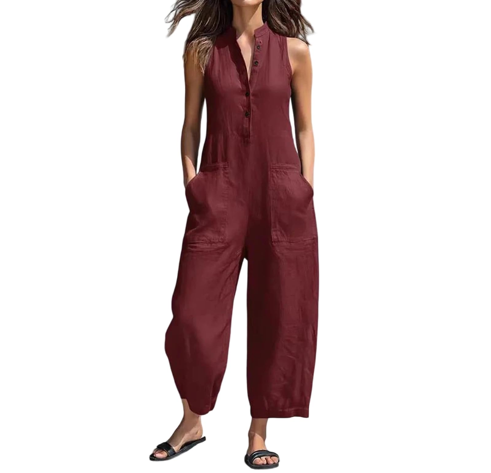 Yeuyyben Mono de una pieza sin mangas con cuello alto y pierna ancha para mujer, cintura alta, bolsillo, oficina, casual, elegante