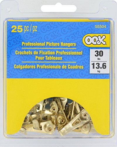 Image of OOK Professional Picture Hangers, 30lb Capacity, 25 Pack, Brass Finish | Steel with padded back, Suitable for wood, drywall, and plaster, Small pin hole causes minimal damage when hanging framed art