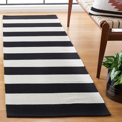SAFAVIEH Montauk Collection Runner Rug - 2'3" x 9', Black & Ivory, Handmade Flatweave Cotton, Woven Texture, Farmhouse Stripe Pattern, Ideal for Bedroom, Kitchen, Hallway (MTK712D)