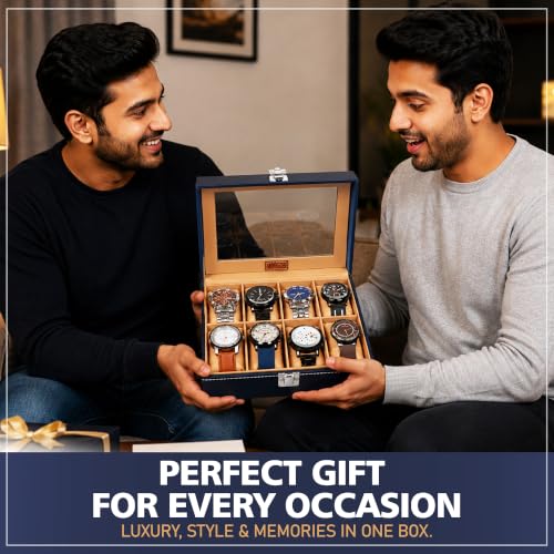 Image of LEDO Luxury Watch Box Organizer with 8 Slots, PU Leather Case, Blue and Cream Interior, Transparent Display, Metal Clasp Lock, Rectangular Storage for Men and Women