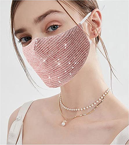 Image of Sparkly Sequins Mouth Masc Fashion Designer Glitter Cotton Face Cover With Adjustable Ear Loops Reusable Masquerade Party Nightclub Rave Festival Sequins Face Covering (Pink)