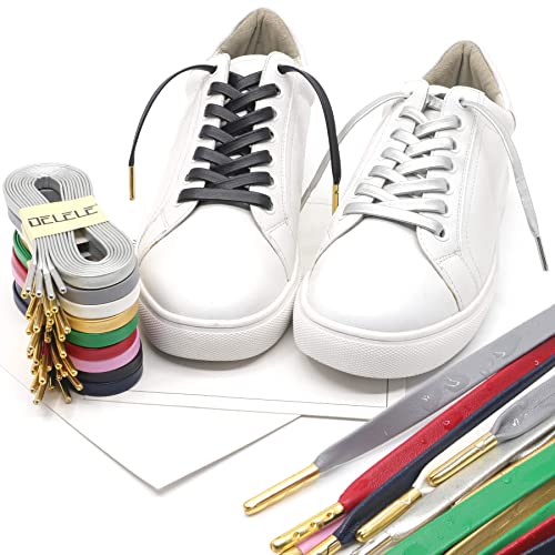 Delele Flat Pu Leather Laces: Waterproof Shoelaces For Sneakers Boot 2 Pair Black With Gold Aglet 47 Inch #TOP5