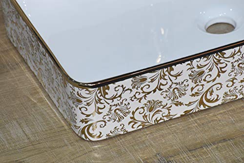 Image of InArt Designer Ceramic Polished, Premium, Rectangle Shape Table Top Wash Basin for Bathroom (Golden floral, 24 x 14 x 4.5 Inch)