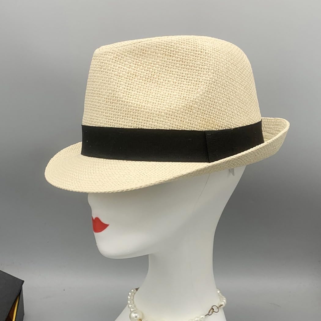 Classic Straw Fedora Hat with Black Band, Beige, Lightweight Summer Hat