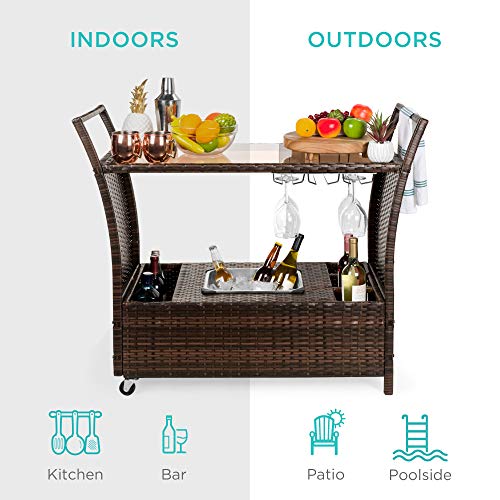 Best Choice Products Outdoor Rolling Wicker Bar Cart W/Removable Ice Bucket, Glass Countertop, Wine Glass Holders, Storage Compartments - Brown #TOP4
