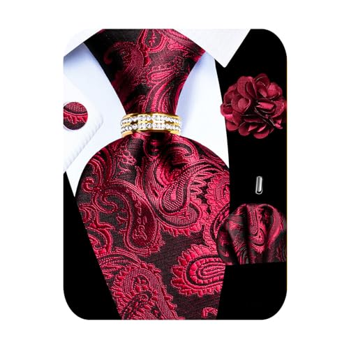 Image of 5PCS Mens Silk Tie, Pocket Square, Cufflinks, Drilled Tie Ring and Lapel Pin Set for Wedding Groom Party