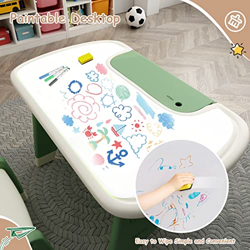 Benarita Kids Drawing Table And Chair Set With Watercolor Pen And Blackboard Eraser, Activity Table With Storage Shelf, Toddler Furniture Set For Drawing Reading Indoor, Gift For Boys Girls Green #TOP2