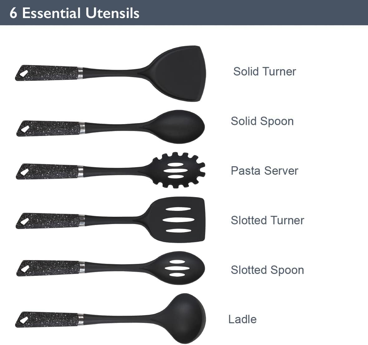 Blackmoor 66779 6-Piece Kitchen Utensils Set/Non-Scratch & Heat Resistant/BPA Free Plastic/Modern & Vibrant Stylish Black Marble Colour/Space Saving Kitchen Storage