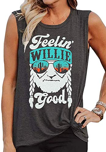 Women Tank Top Feelin' Willie Good Letter Printed Graphic Tee Summer Loose Fit Casual Sleeveless Vest Tops (Grey, M) #TOP1